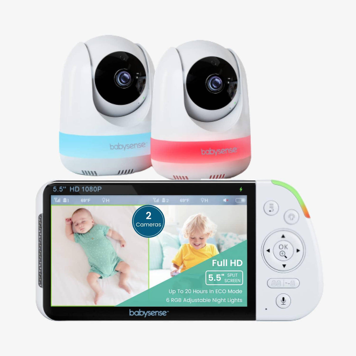 Babysense Max View: Video Baby Monitor with 1 or 2 Cameras, Non Wifi, Split Screen, Night Light & Sound Machine - HoneyBug