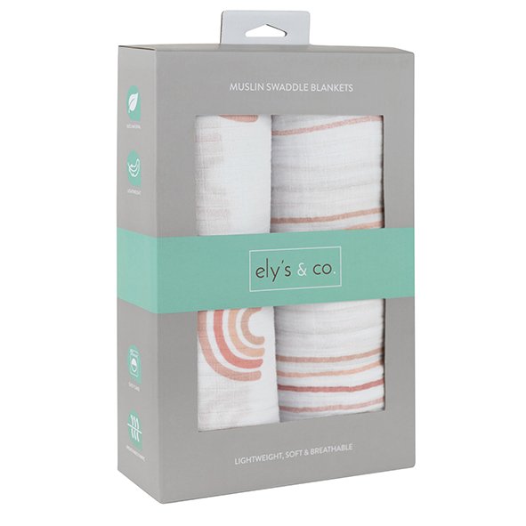 2 Pack Cotton Muslin Swaddle Blanket - Dusty Pink Rainbow - HoneyBug