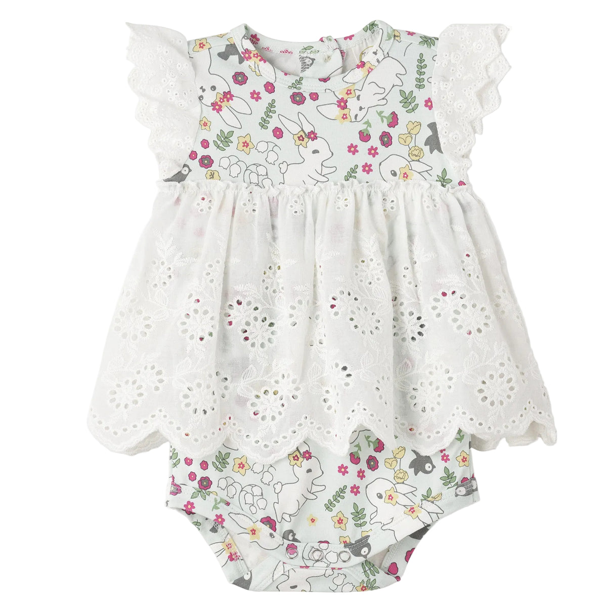 Bunny Garden Eyelet Skirted Bodysuit – Baby Girl One-Piece