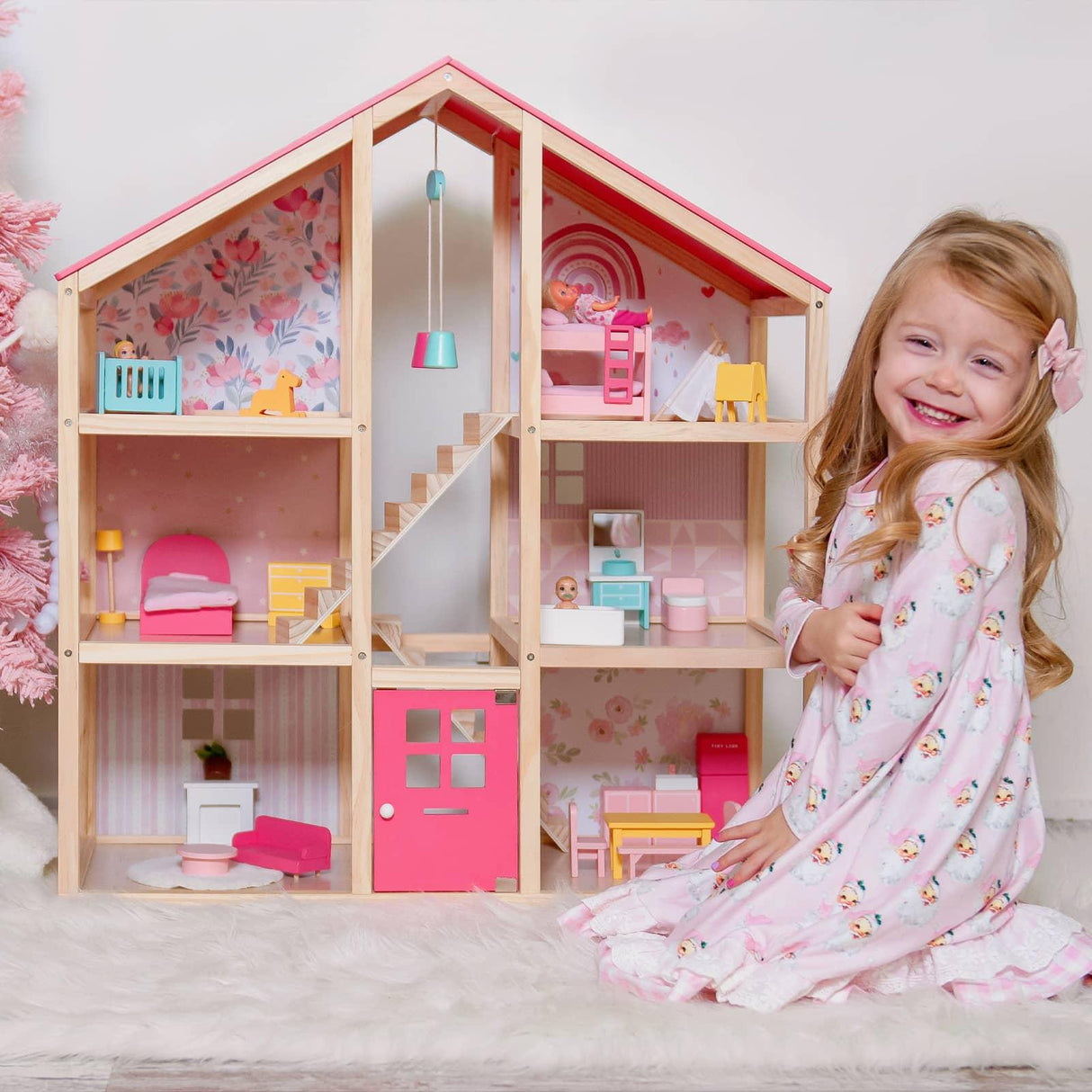 Tiny Land® Love Dollhouse with 30 Furniture - HoneyBug