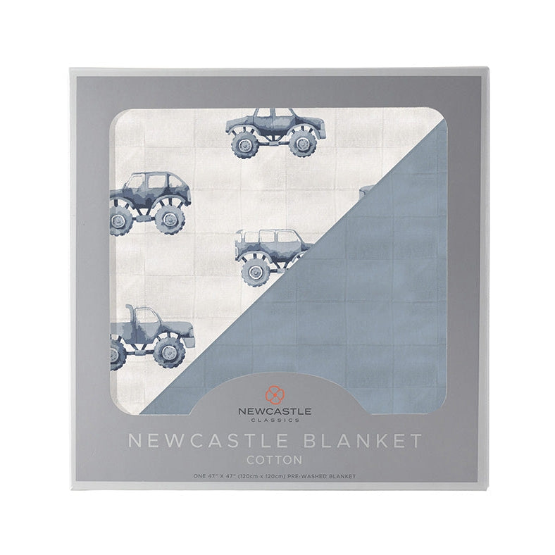 Indigo Monster Trucks and Blue Fog Cotton Newcastle Blanket - HoneyBug