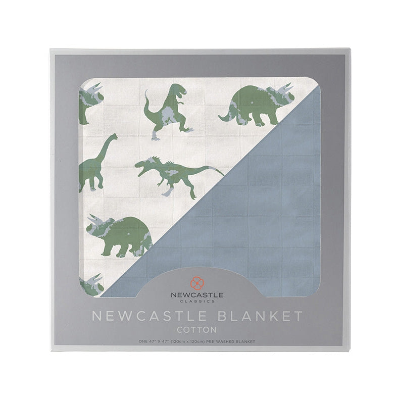 Granite Green Dinosaurs and Blue Fog Cotton Newcastle Blanket - HoneyBug