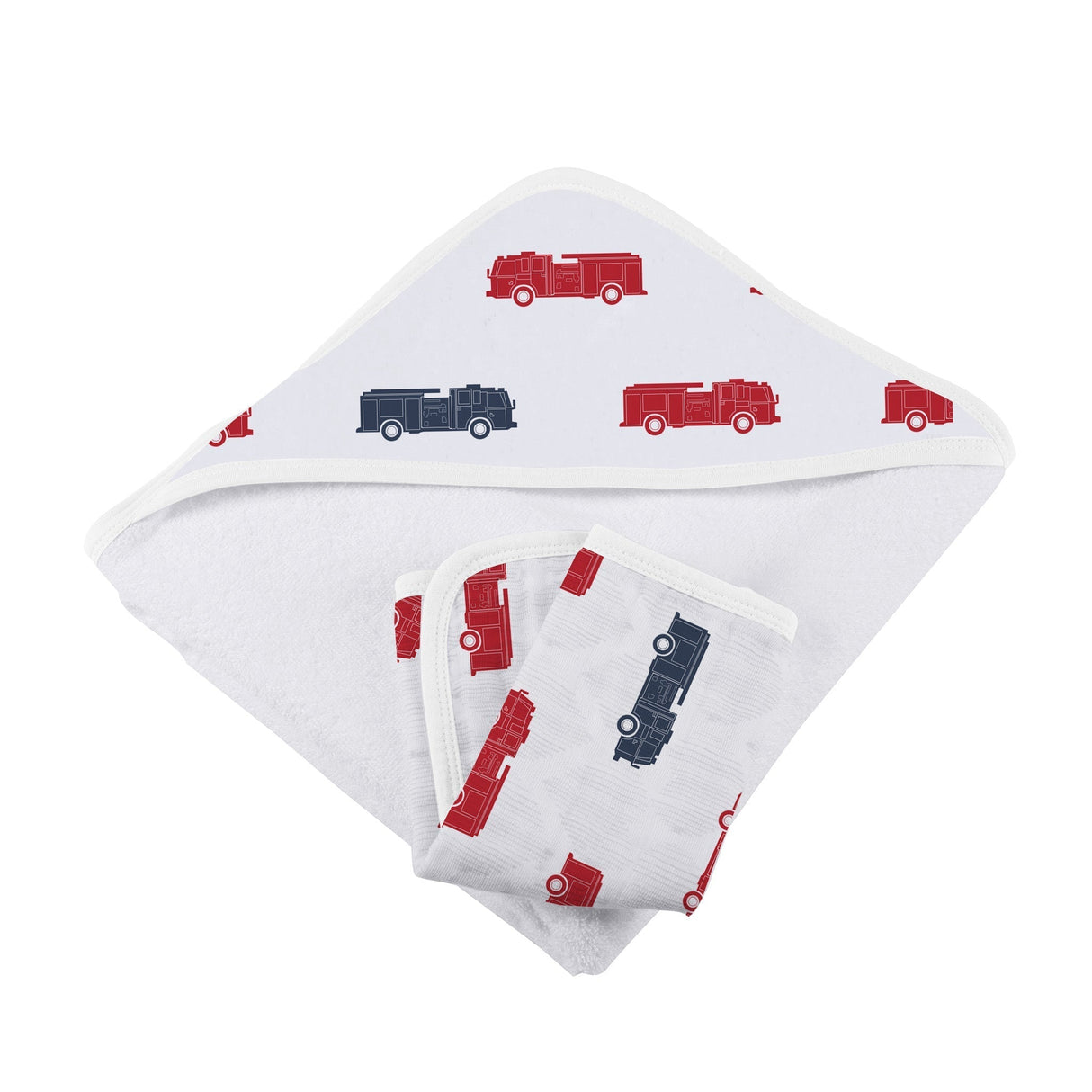 Blue and Red Fire Trucks Hooded Towel and Washcloth Set - HoneyBug