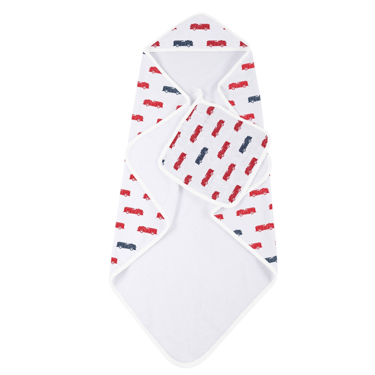 Blue and Red Fire Trucks Hooded Towel and Washcloth Set - HoneyBug