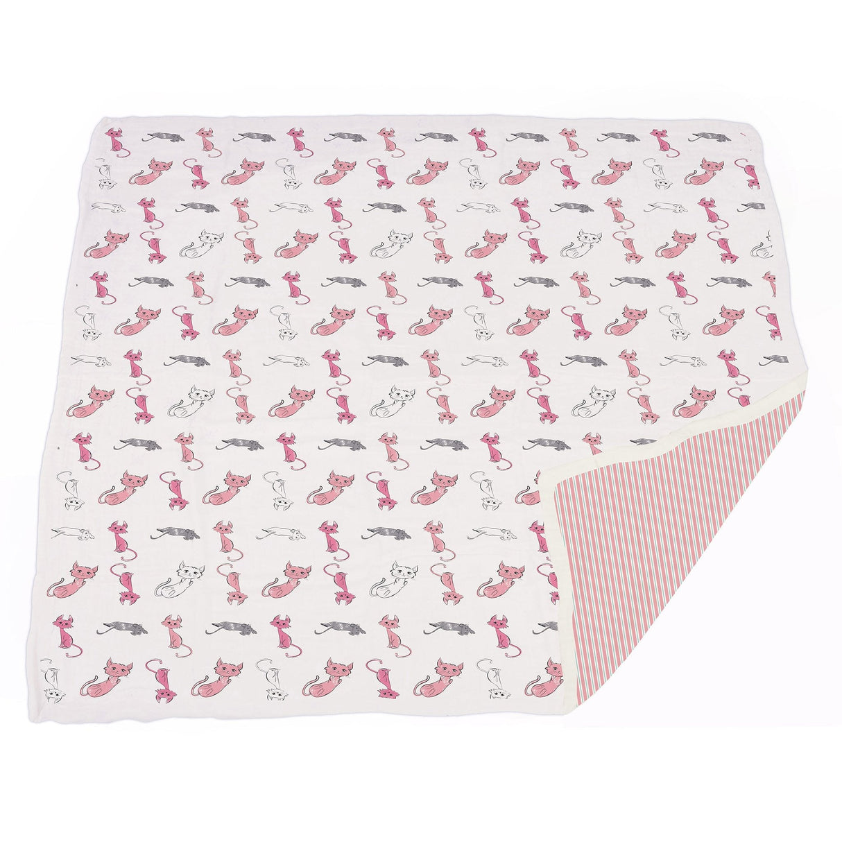 Playful Kitty and Candy Stripe Bamboo Muslin Newcastle Blanket - HoneyBug