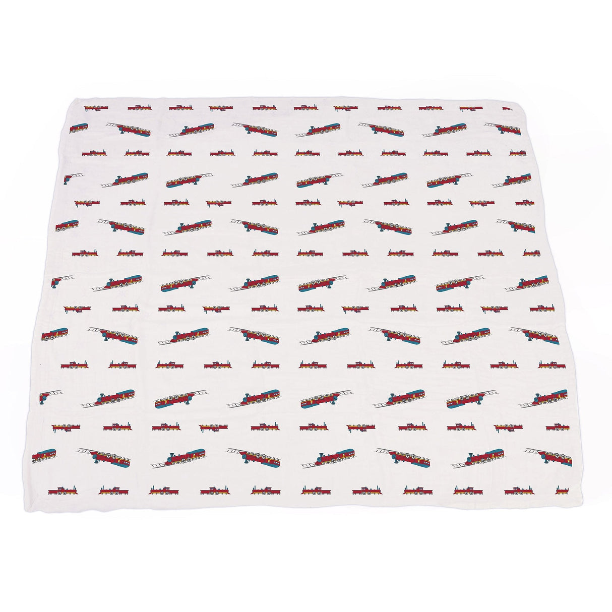Vintage Steam Trains and Blue Stripe Bamboo Muslin Newcastle Blanket - HoneyBug