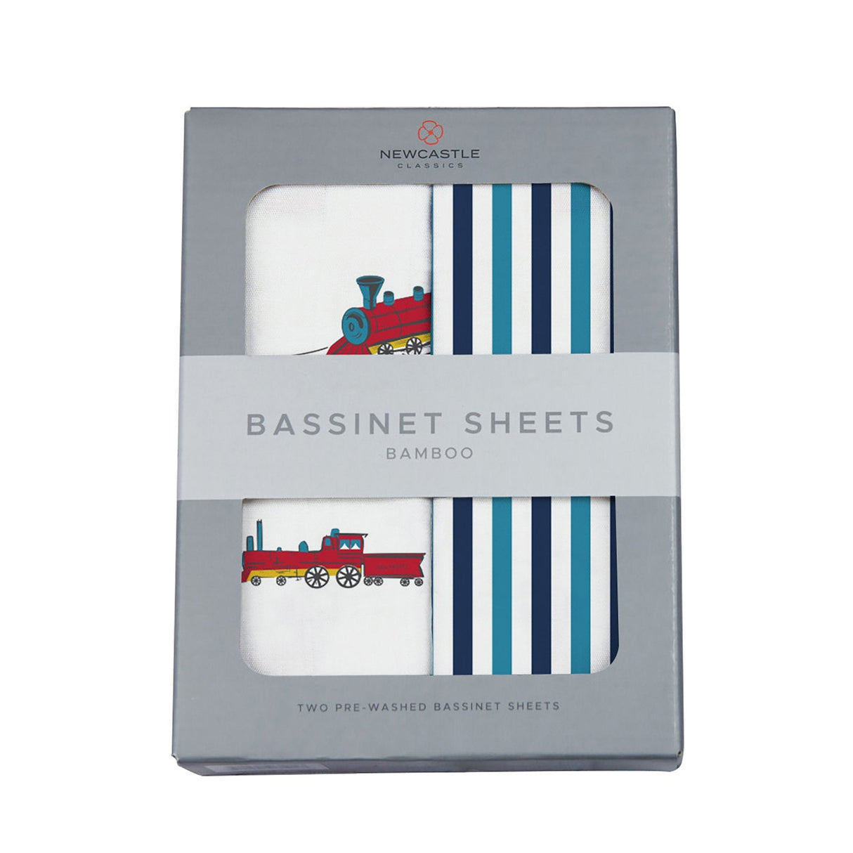 Vintage Steam Trains and Blue and White Stripe Bamboo Changing Pad Cover/Bassinet Sheets - HoneyBug