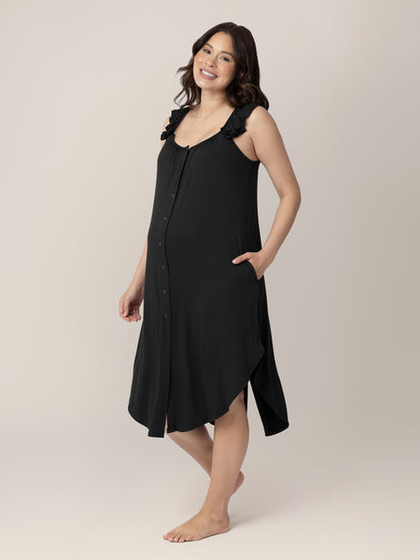 Ruffle Strap Labor & Delivery Gown | Black - HoneyBug 