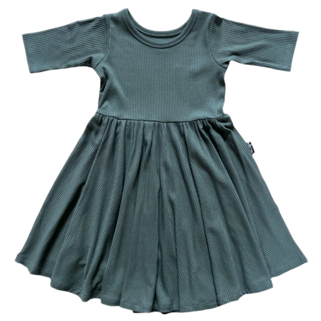 MID SLEEVE TWIRL DRESS- Slate Ribbed - HoneyBug 
