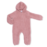 Chenille - Rose Hooded Romper with Striped Texture