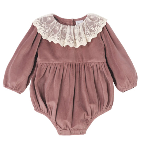 Mauve Velvet Baby Romper – Lace Collar Special Occasion - HoneyBug 