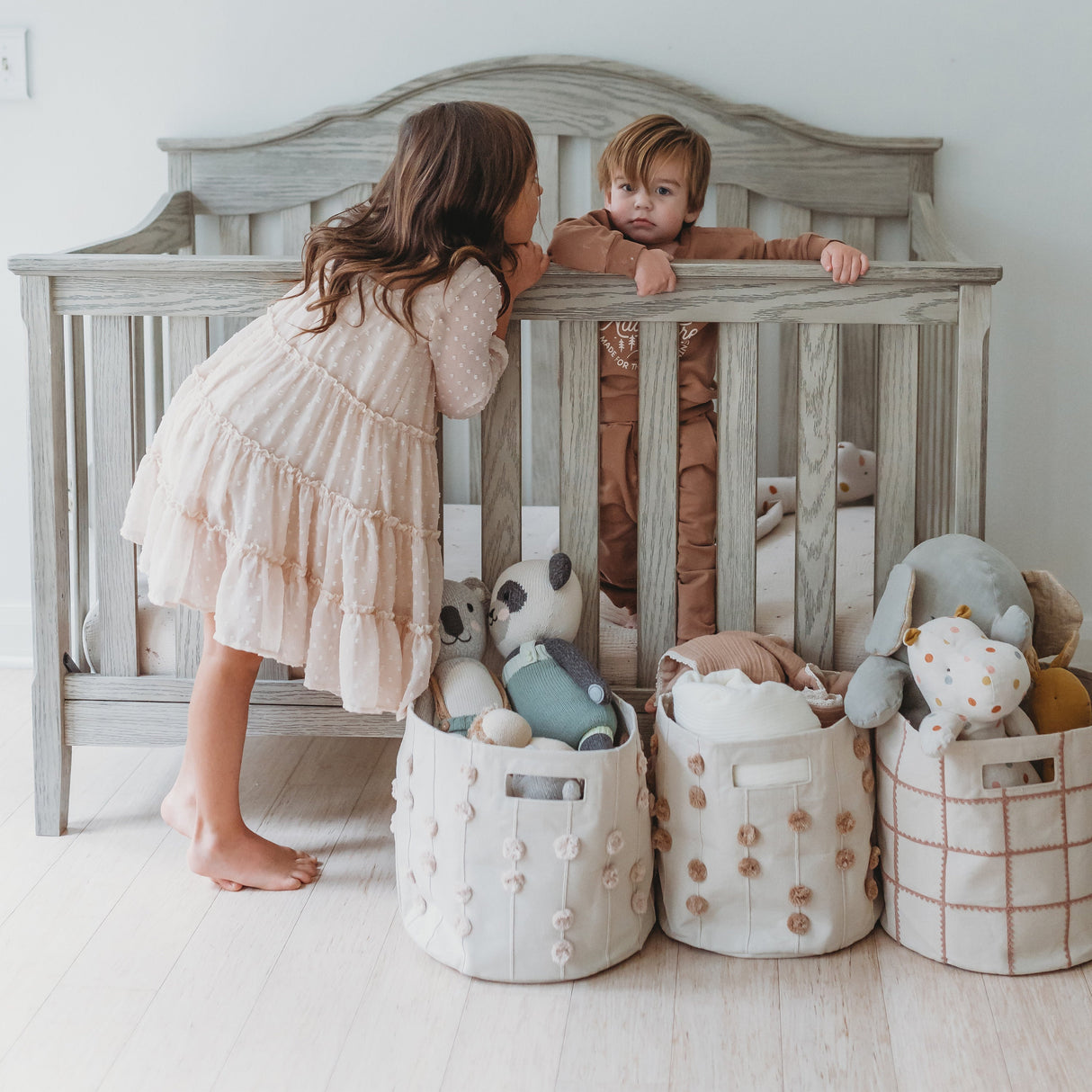 Handmade Canvas Storage Basket Pom Pom - Pecan - HoneyBug 