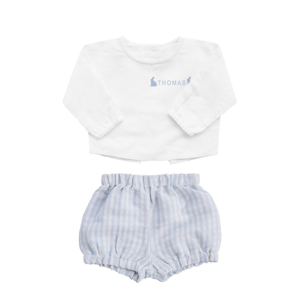 Easter monogram gift set | boys white shirt and pale blue gingham short - HoneyBug 