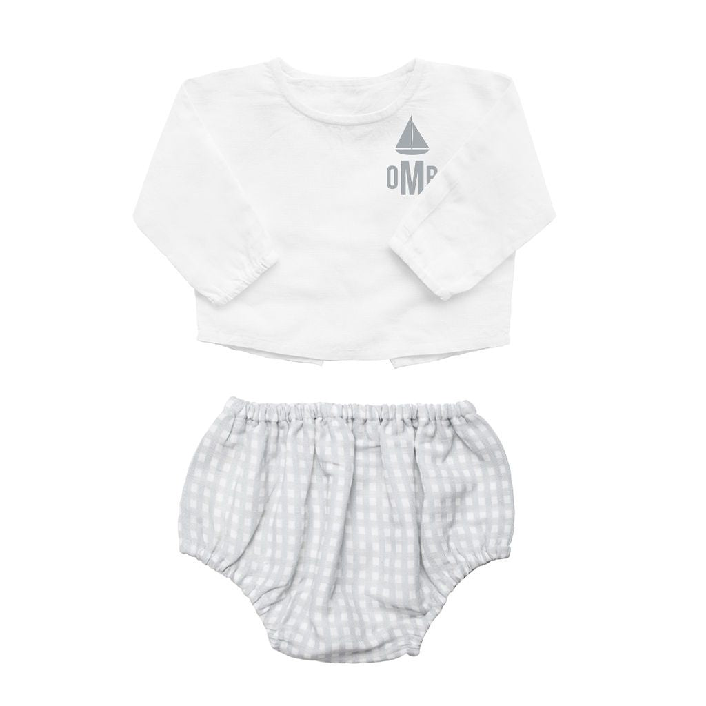 Monogrammed Gift set | double button shirt and grey gingham bloomer - HoneyBug 