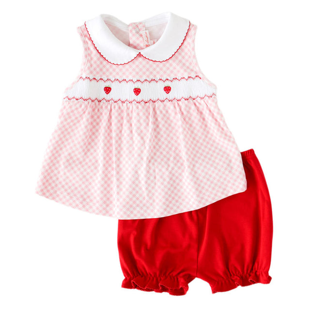 Pink Gingham Strawberry Smocked Bloomer Set - HoneyBug 