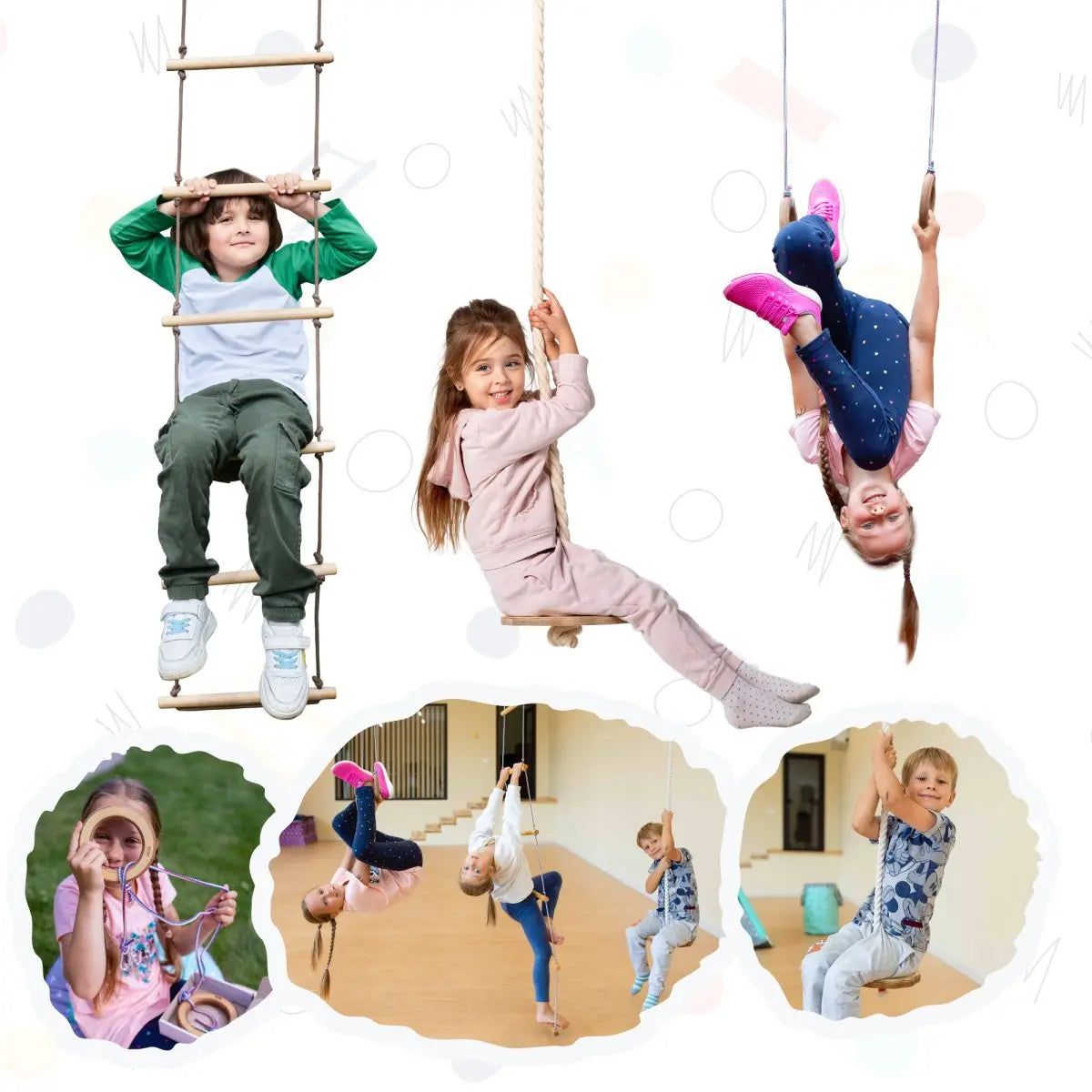 3in1 Swings Set: Rope Ladder + Gymnastic Rings + Disc Rope Swing - HoneyBug 