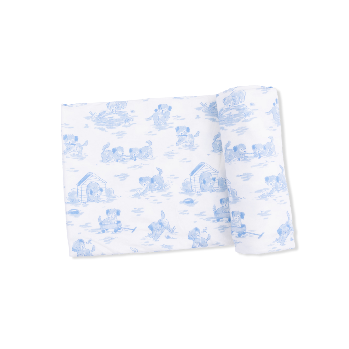 Puppy Toile Blue -  2 Way Zipper Footie, Swaddle  & Bandana Bib Set