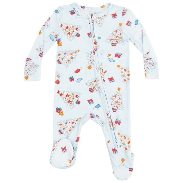 2 Way Zipper Footie - Vintage Christmas Trees Blue - HoneyBug 