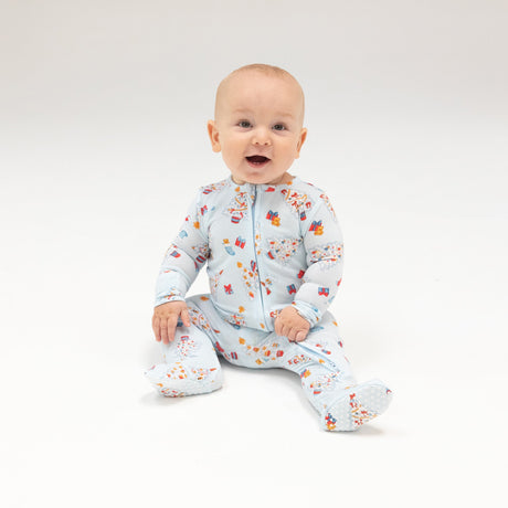 2 Way Zipper Footie - Vintage Christmas Trees Blue - HoneyBug 