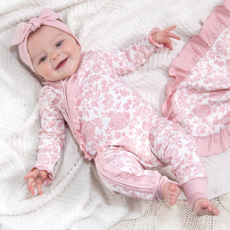 Baby Girl Pink Embroidered Lace Zipper Romper - HoneyBug 