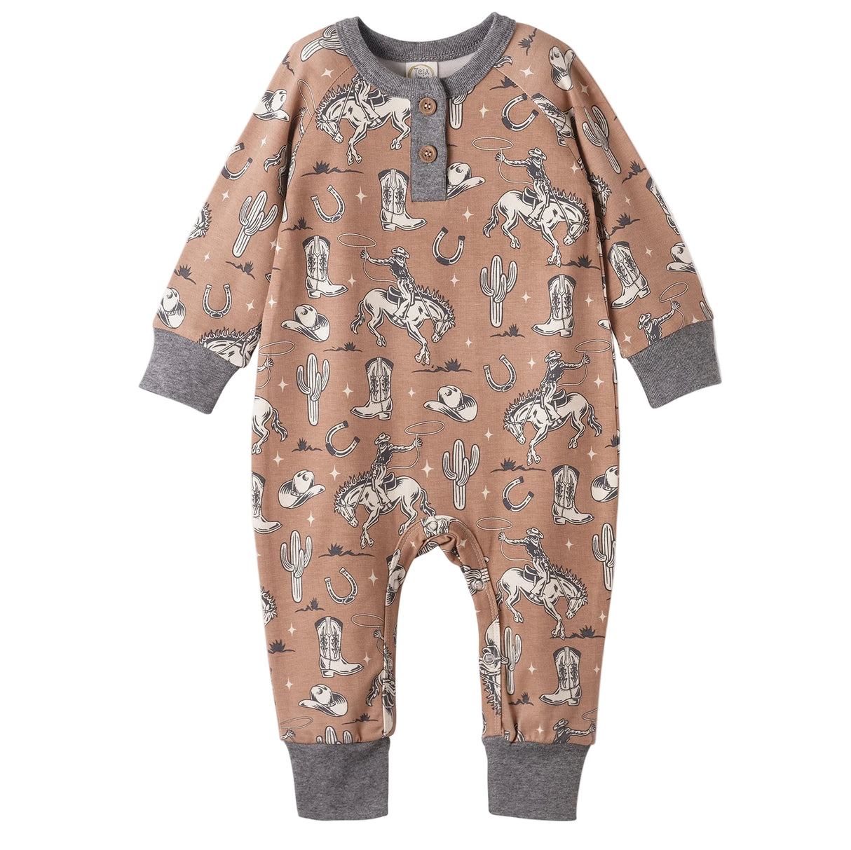 Wild Wrangler/Brown Western Bamboo Henley Romper for Babies
