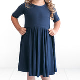 MID SLEEVE TWIRL DRESS- Navy Ribbed - HoneyBug 