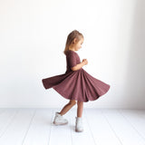 MID SLEEVE TWIRL DRESS- Black Cherry Ribbed - HoneyBug 