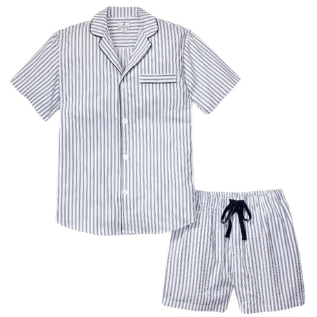 Men's Twill Pajama Short Set in Navy French Ticking - HoneyBug 
