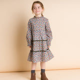 Girls' Long Sleeves Tiered Skirt Dress with Velvet Trim | Blue and Mustard - HoneyBug 
