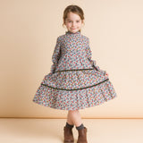 Girls' Long Sleeves Tiered Skirt Dress with Velvet Trim | Blue and Mustard - HoneyBug 