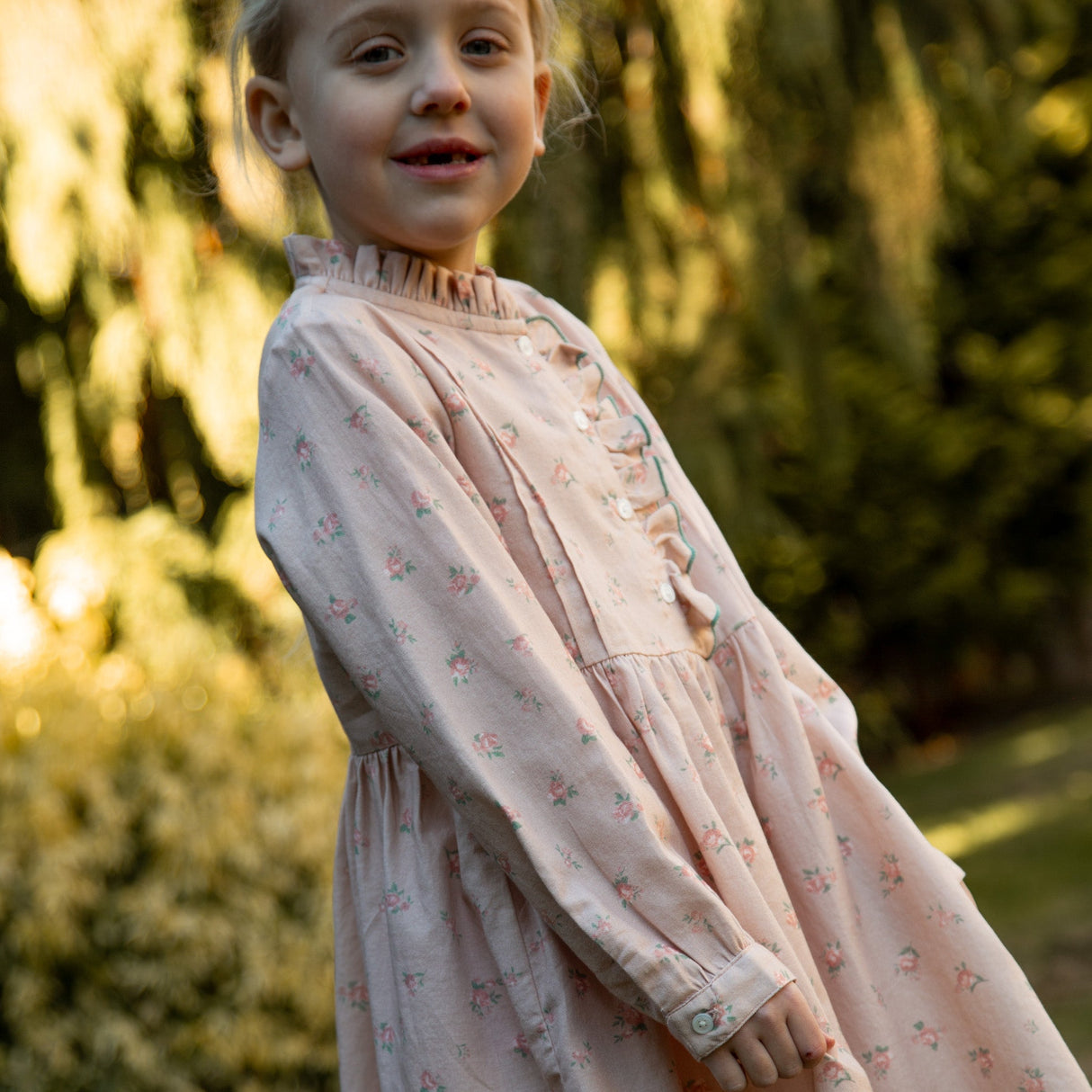 Girls Long Sleeves Dress with Front Ruffle | Vintage Pink Rose - HoneyBug 