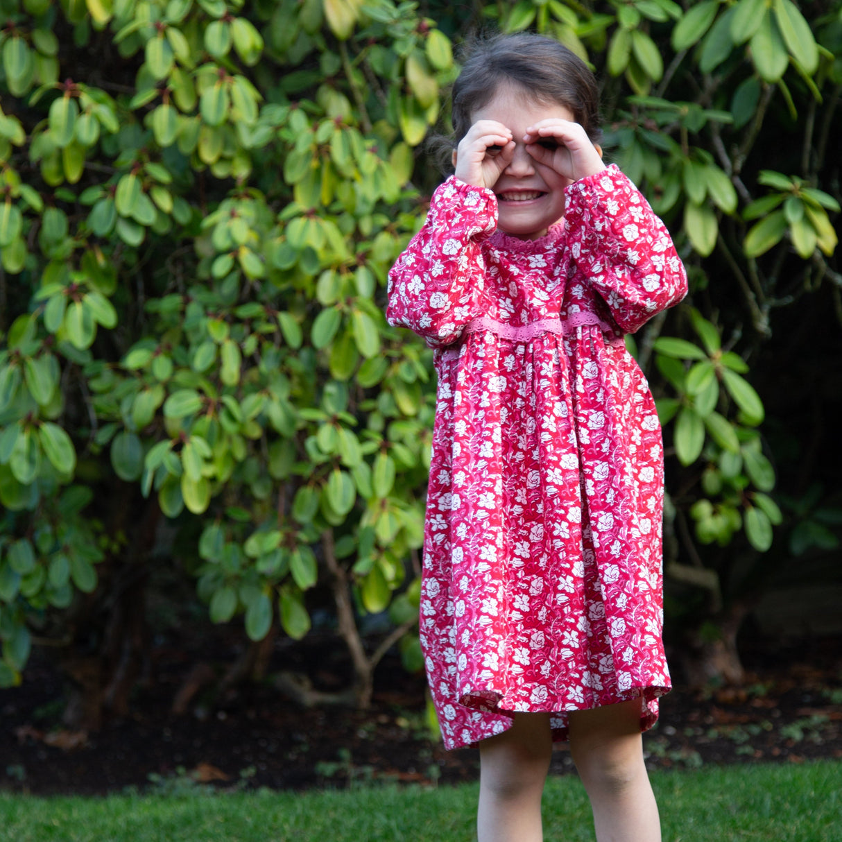 Toddler Long Sleeves Dress with Lace Trim | Red and White Floral - HoneyBug 