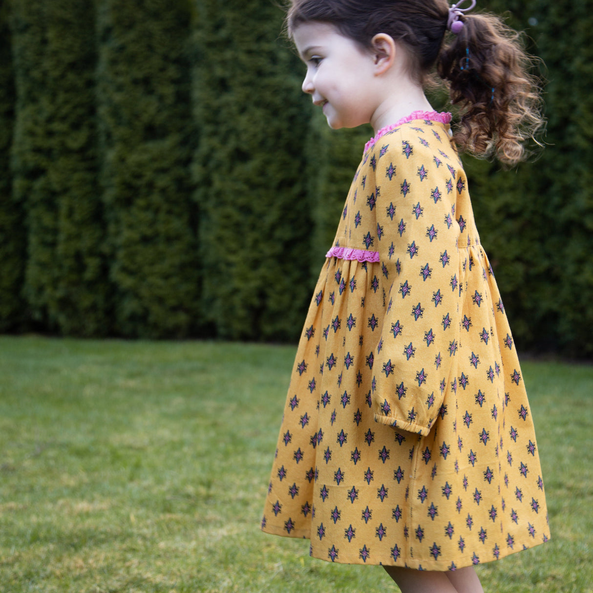 Toddler Long Sleeves Dress with Lace Trim | Yellow and Pink - HoneyBug 
