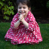 Toddler Long Sleeves Dress with Lace Trim | Red and White Floral - HoneyBug 