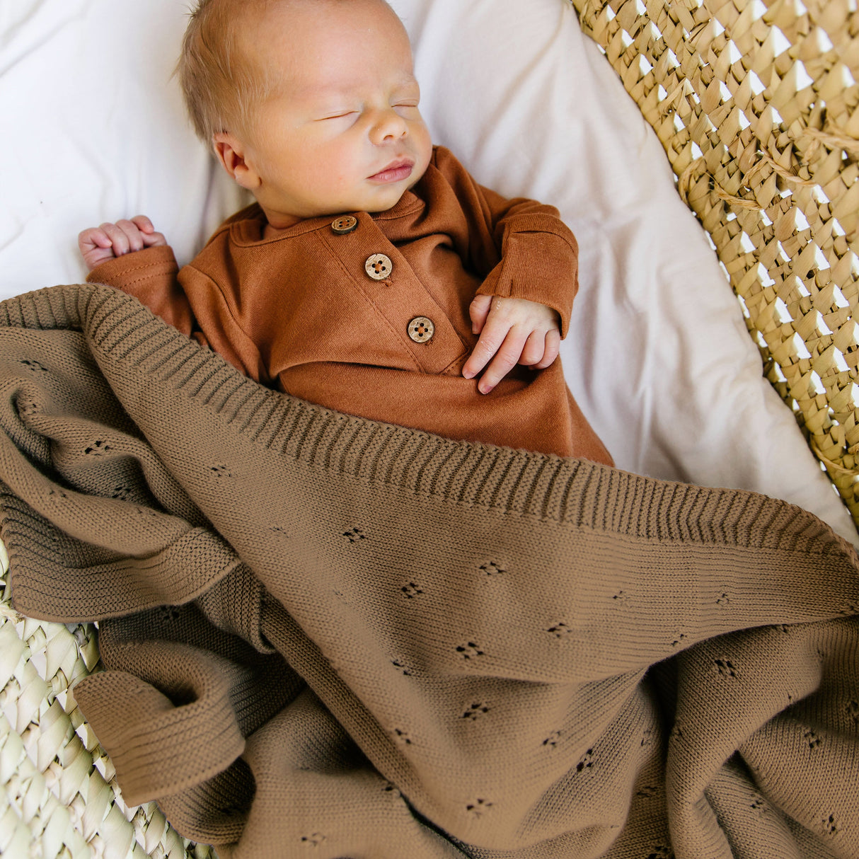 Organic Cotton Pointelle Baby Blanket - Brown - HoneyBug 