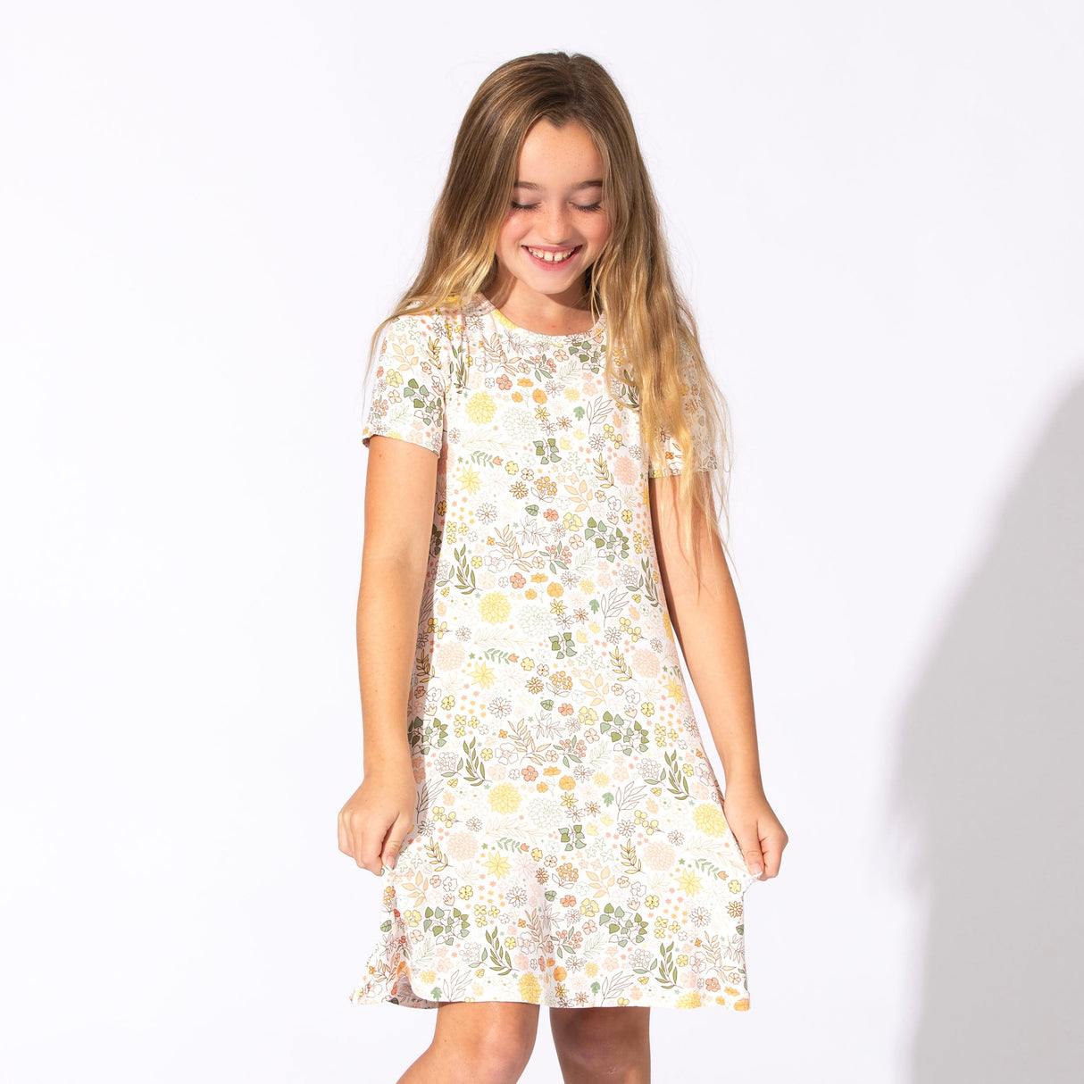 Fall Floral Bamboo Girls' Short Sleeve Dress - HoneyBug 