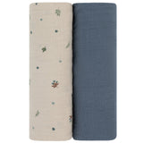 2 Pack Cotton Muslin Swaddle Blanket - Garden Flower - Blue - HoneyBug 