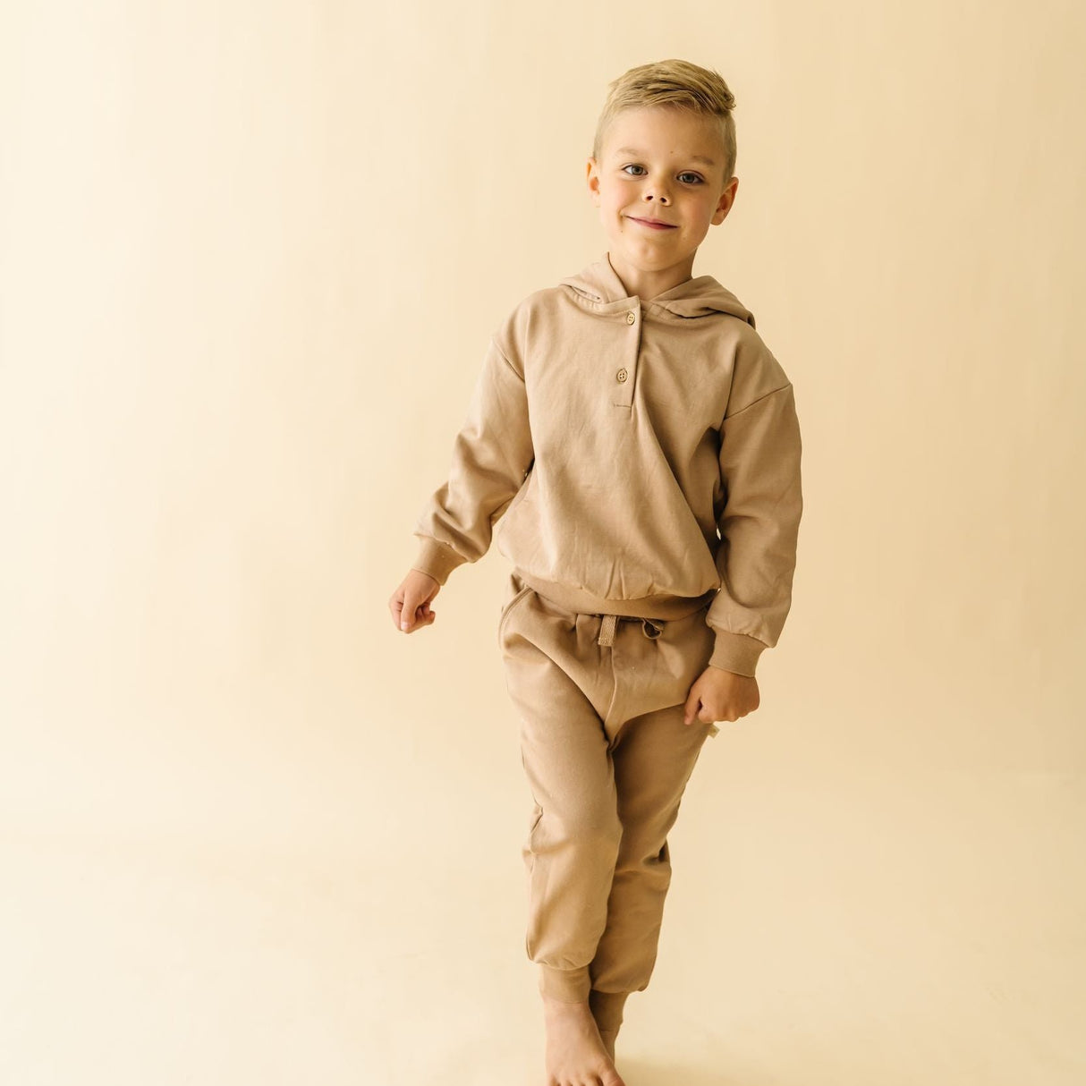 Organic Fleece Henley Hoodie - Taupe - HoneyBug 