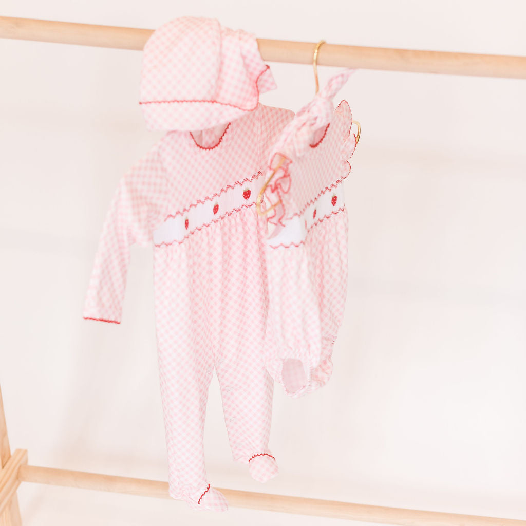 Pink Gingham Strawberry Smocked Footie - HoneyBug 