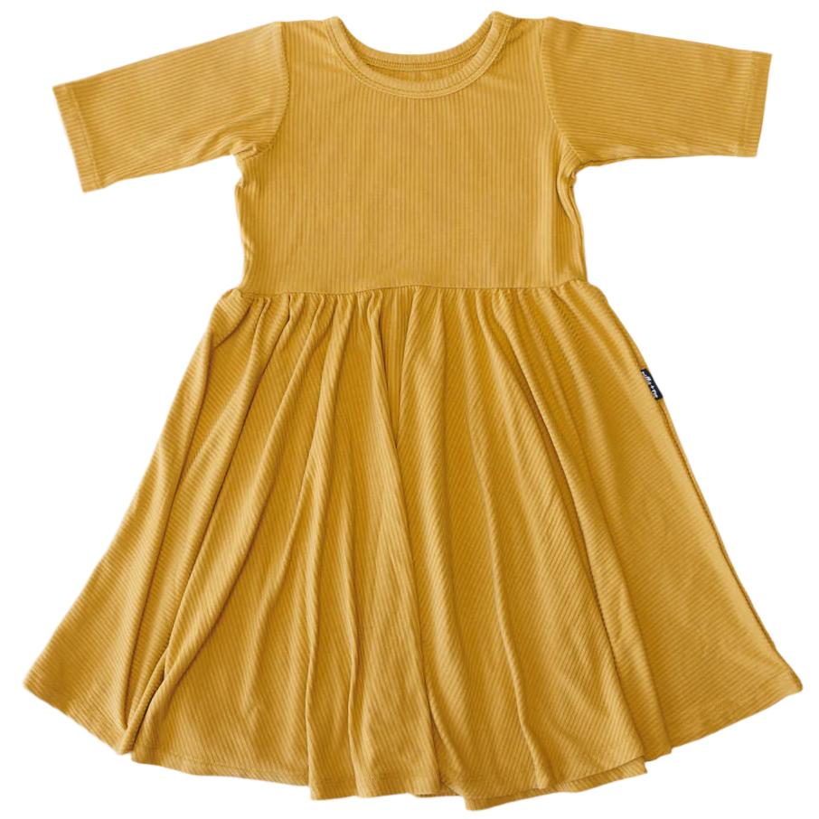MID SLEEVE TWIRL DRESS- Honey Mustard Ribbed - HoneyBug 