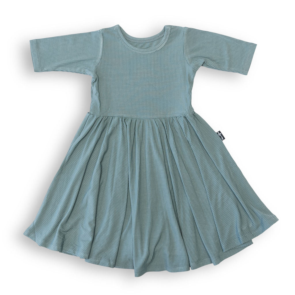 MID SLEEVE TWIRL DRESS- Slate Ribbed - HoneyBug 