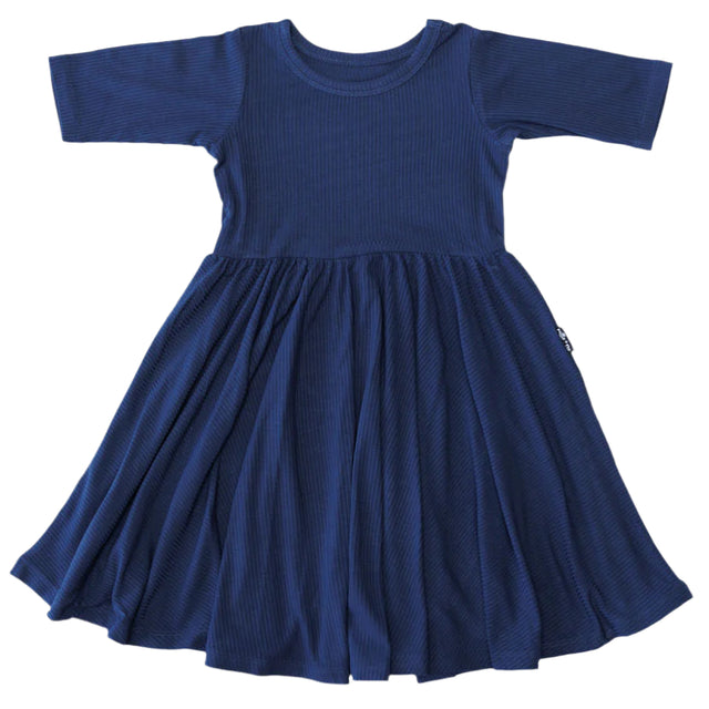 MID SLEEVE TWIRL DRESS- Navy Ribbed - HoneyBug 