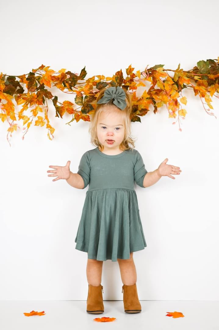 MID SLEEVE TWIRL DRESS- Slate Ribbed - HoneyBug 