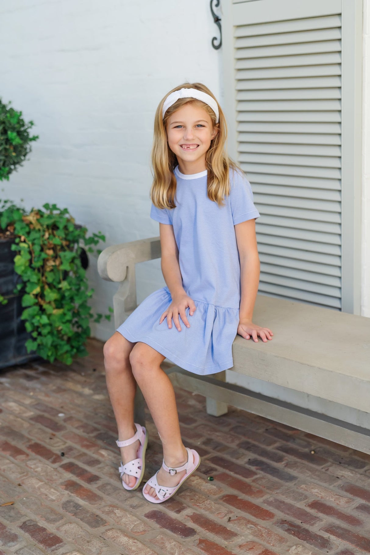 Lottie Girls' Dress - Blue and White Stripes - HoneyBug 