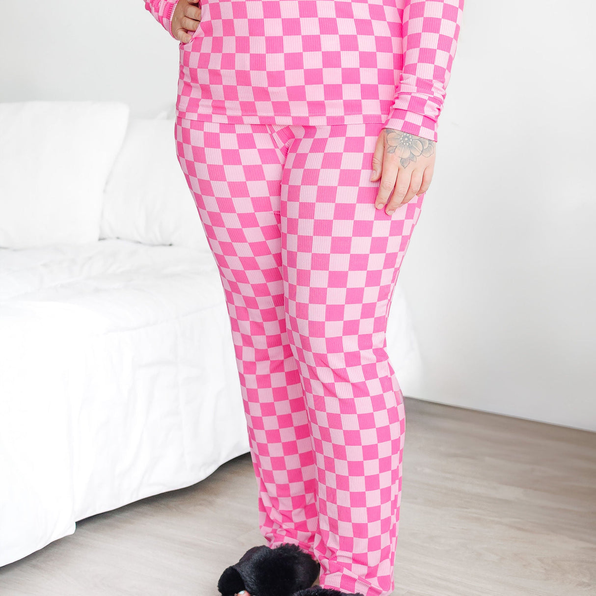 WOMEN'S PAJAMA SET- Pink Check Ribbed - HoneyBug 