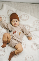 Smiley Taupe Plush Blanket - HoneyBug 