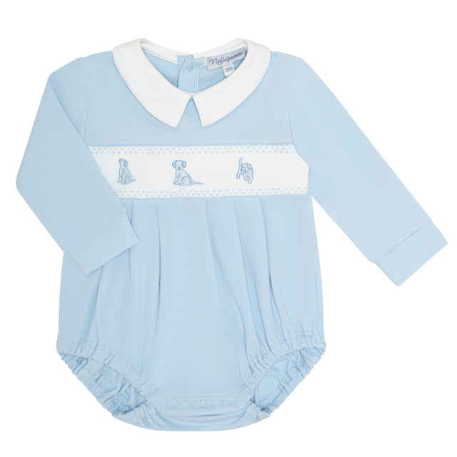 Blue Puppy Love Embroidery Bubble LS - HoneyBug 
