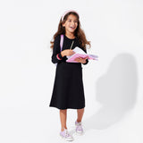 Obsidian Black Bamboo Terry Daywear Girls' Long Sleeve Dress - HoneyBug 