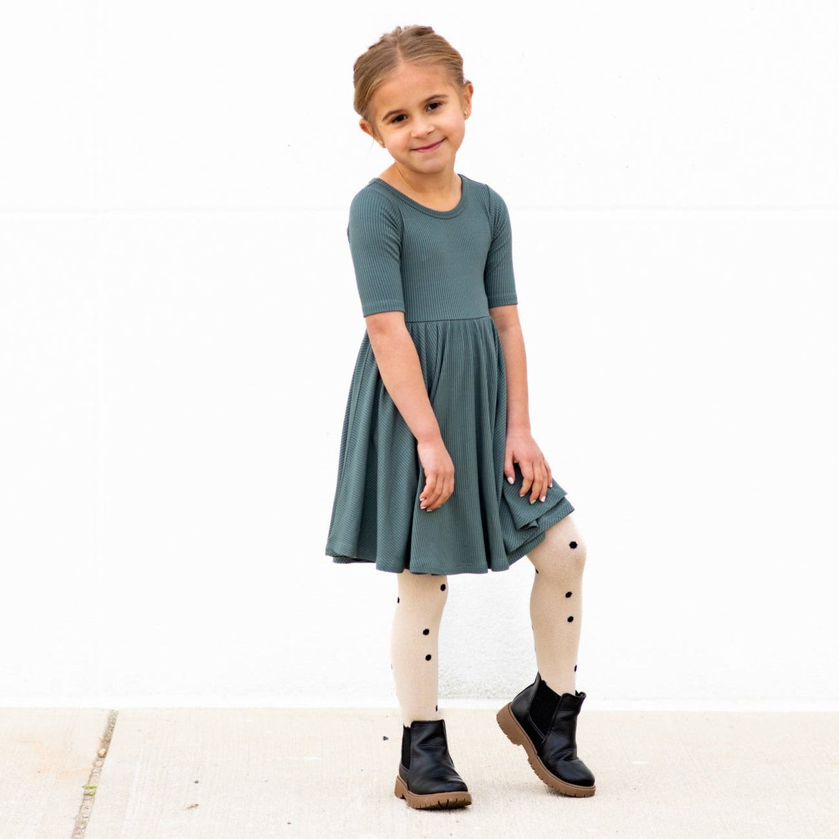 MID SLEEVE TWIRL DRESS- Slate Ribbed - HoneyBug 