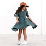 MID SLEEVE TWIRL DRESS- Slate Ribbed - HoneyBug 